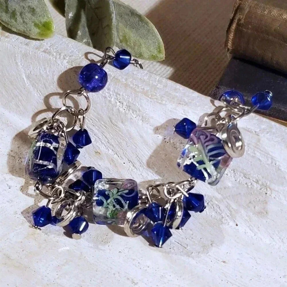 Vintage Murano Glass Beads Blue Silver Charm Bracelet PD 1178-BL C - Picture 1 of 7